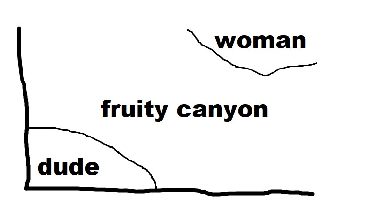a hand-drawn graph. in the bottom-left corner, there's a small section labeled "dude". in the top-right corner, there's a small section labeled "woman". the rest of the area of the graph is labeled "fruity canyon".